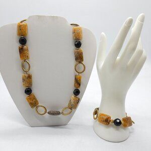 Jasper Brown Black Beaded Necklace And Bracelet Set With Twisted Gold-Tone Accen